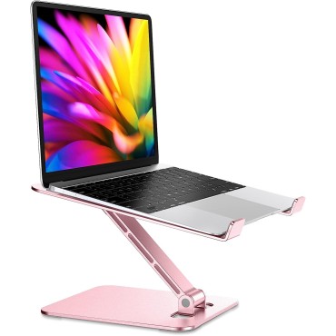 RIWUCT Foldable Laptop Stand, Height Adjustable Ergonomic Computer Stand for Desk, Ventilated Aluminum Portable Laptop Riser Holder Compatible with MacBook Pro Air, All Notebooks 10-16" (Pink)
