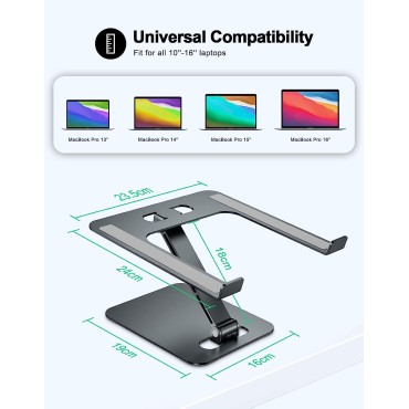 RIWUCT Foldable Laptop Stand, Height Adjustable Ergonomic Computer Stand for Desk, Ventilated Aluminum Portable Laptop Riser Holder Mount Compatible with MacBook Pro Air, All Notebooks 10-16" - Gray