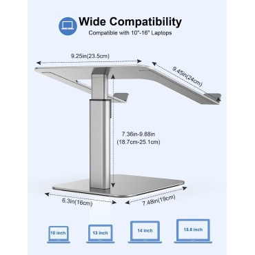 RIWUCT Laptop Stand for Desk, 8 Adjustable Height Aluminum Computer Stand, Ergonomic Laptop Riser Holder Sit to Stand Compatible with MacBook, Air, Pro and More 10"-16" Notebooks - Silver