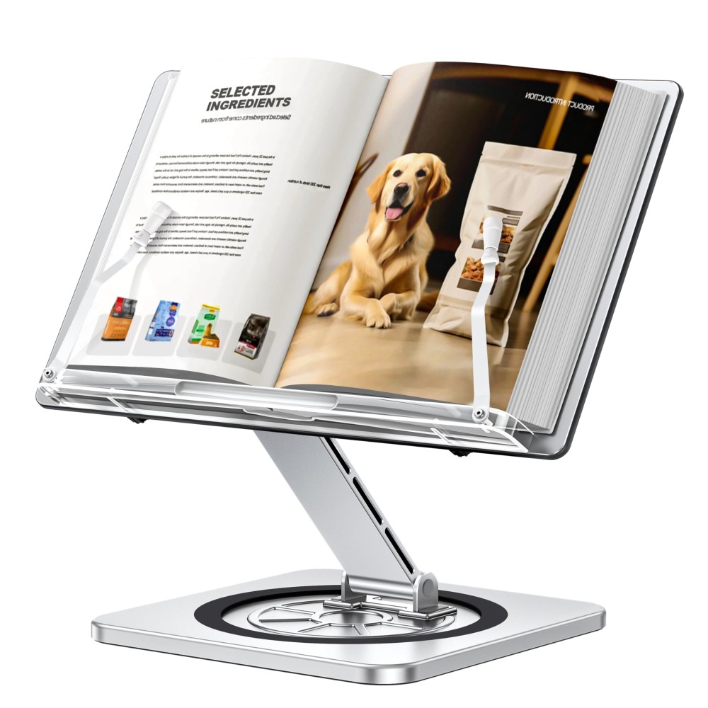 Aluminium Exterior Book Stand for Reading, Book Holder with 360° Swivel Base & Elastic Page Clips, Adjustable Cookbook Stand for Kitchen Counter, Recipe/Textbook/Music Scores Stand for Desk