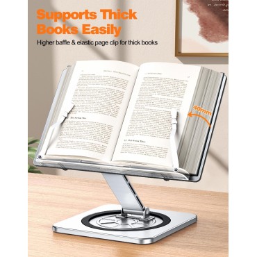 Aluminium Exterior Book Stand for Reading, Book Holder with 360° Swivel Base & Elastic Page Clips, Adjustable Cookbook Stand for Kitchen Counter, Recipe/Textbook/Music Scores Stand for Desk