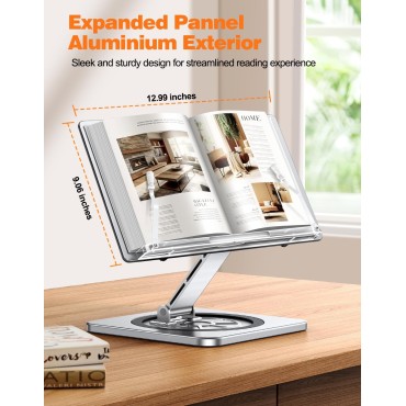 Aluminium Exterior Book Stand for Reading, Book Holder with 360° Swivel Base & Elastic Page Clips, Adjustable Cookbook Stand for Kitchen Counter, Recipe/Textbook/Music Scores Stand for Desk