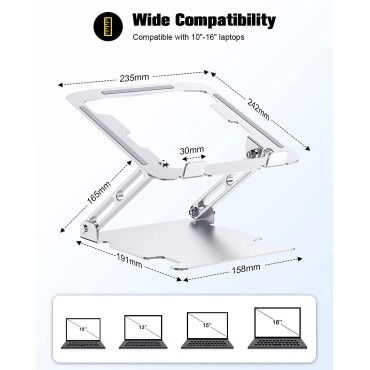 RIWUCT Adjustable Laptop Stand, Ergonomic Laptop Riser Holder for Desk, Aluminum Sturdy Dual Rotation Axis Foldable Computer Stand, Compatible with MacBook Pro All Notebooks 10-16" (Silver)